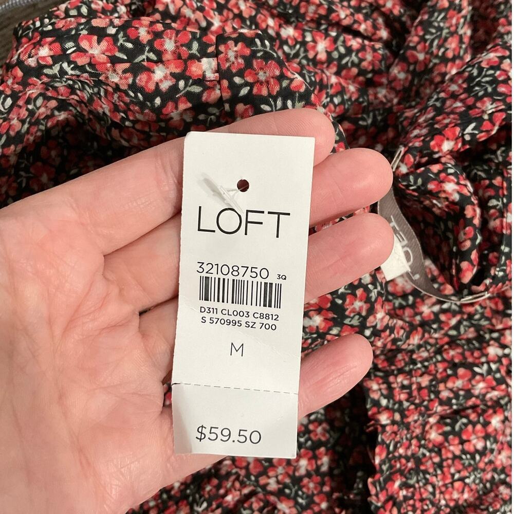 NWT LOFT Smocked Peplum Blouse Square Neck Floral Elastic Sleeves Size Medium - Picture 7 of 8
